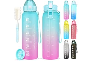AOHAN Butelka na wodę 1 l, sportowa, z oznaczeniem czasu, na napoje bez BPA, szczelna, motywacyjna, z filtrem i szczotką, na siłownię, do biegania, szkoły, jazdy na rowerze, niebiesko-różowa, gradient