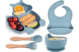 Hoseay Baby Weaning Set, 5 in 1 Baby Feeding Set Silicone Suction Plate and Bowl Spoon Fork Bibs Eating Set for Kids, Toddler Plates and Bowls Sets Baby Essentials for Baby Led Weaning, Blue Squirrel