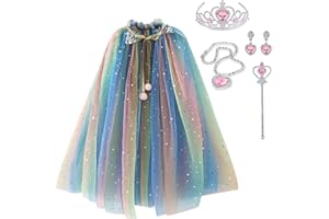 skyllc Principessa mantello bambini, mantello di tulle glitter per ragazze, principessa mantello di paillettes con orecchini collana corona bacchetta magica