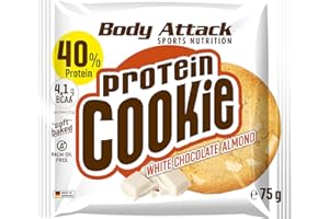 Body Attack Cookie Protéiné, 40% protéines, 5% BCAA, doux, sans huile de palme, Biscuits chocolat de farine d'avoine complète, beurre de cacao, Made in Germany, 12x75g, Chocolat blanc aux amandes