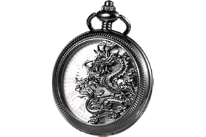 TREEWETO Orologio da taschino meccanico da uomo, con scheletro, drago cavo, con catena e scatola