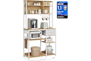 ‎VASAGLE VASAGLE Küchenregal mit Steckdosen, Standregal, 40 x 100 x 180,4 cm, Backregal, verstellbare Ablagen, Stoffschublade, 12 Haken, Küche, goldeichenfarben-wolkenweiß KKS027Y02