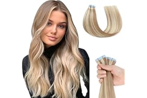Evala tape extensions echthaar haarverlängerung echthaar 45cm 50g tape in extensions echthaar 20 Stück, Tapes Extensions Gesträhnt Aschblond mit Bleichblond P18/613