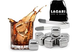 LACARI HOME & LIVING LACARI Set cubetti di Ghiaccio in Acciaio Inox | [8X] riutilizzabili per Gin, Whisky, Rum, Vino | Forma per cubetti di Ghiaccio pinze Sacchetto Stoffa Inclusi | E-Book Whisky Omaggio | Idea Regalo
