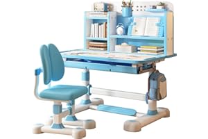 RRXIMHTT Kinder-Funktions-Schreibtisch-Stuhl-Set, höhenverstellbarer Kinder-Schul-Schreibtisch mit Burglehne, erweitertem Schreibtisch, Buchständer und Speicherschublade (Blue-K)