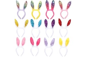 FunsLane Diademas con orejas de conejo de Pascua, 12 piezas Diadema de lentejuelas con orejas de conejo de peluche para fiesta de Pascua Accesorios de disfraces, regalo de Pascua para niños
