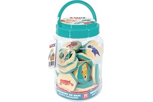 LUDI – Memoria de baño – 2 en 1 – Juego de Montaje de Pares de Animales y Rompecabezas – a Partir de 18 Meses – 24 Piezas de Espuma Impermeable – Tarro de Almacenamiento Incluido – Tema Marino