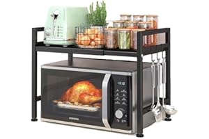 LUHWYJA Mensola Microonde Estensibile, Regolabile Due Livelli Microonde Scaffale, Acciaio Carbonio Ripiano Contatore Cucina Organizzatore Ripiani, 4 Ganci, Carico Pesante 60lbs (2 Livelli, Nero)