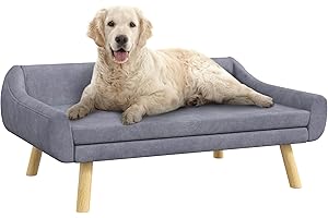 PawHut Canapé pour Chien Chat Design scandinave Coussin Moelleux Amovible Tissu Aspect Velours Pieds Bois Massif 102L x 58,5P x 42,5H cm, Gris