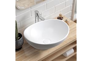 Warmiehomy Countertop Bathroom Vessel Ceramic Sink,Ovel Bowl Ceramic Basin with Waste Drainer for Bathroom Cloakroom Vanity Lavatory (White,41x34x14cm)
