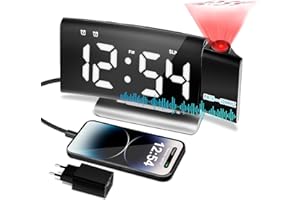 TAKRINK Cyfrowy budzik z projekcją 180°, radiobudzik z portem USB do ładowania, wyświetlacz LED z 4 stopniami regulacji jasności, 12/24 h, budzik z podwójnym alarmem