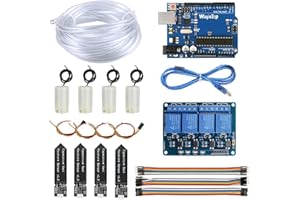 WayinTop Automatische Bewässerung Garten DIY Kit mit Tutorial, Entwicklungsboard mit USB Kabel + 4 Kanal 5 V Relais + 4pcs Bodenfeuchtesensor + 4pcs Mini Wasserpumpe + 5M PVC Schlauch + Jumper Wire