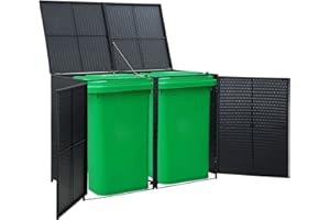 Gecheer Double Wheelie Bin Shed Rattan Bin Storage, Garbage Cover Trash Storage Shed, Hide Dustbin Bin Garden, Outdoor Firewood Shed Garden Tools Timber Unit Black Poly Rattan Black 148x77x111 cm