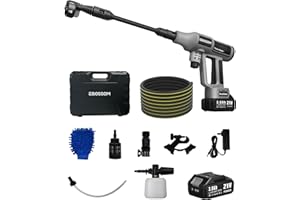 EBOSSOM Hidrolimpiadora de Alta Presión de Batería de 65 Bar, Boquilla Ajustable 6 en 1,Limpiadoras a Presión Móvil,Adecuada para Lavado de Automóviles,Riego de Plantas,Pressure Washer(2X 3Ah Baterías)
