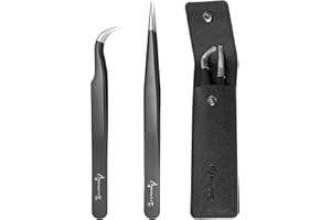 Beauty7 Pinzas de Extensión de Pestañas Acero Inoxidable de Precisión con Punta Curva Profesional y Estuche Reutilizable Juego de 2