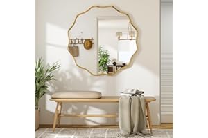 ‎BEAUTYPEAK BEAUTYPEAK Runder Spiegel 90 cm, Wandspiegel mit Gewellter Kante, Aluminiumrahmen, Spiegel Rund zum Aufhängen und Anlehnen, Rund Wandspiegel für Schlafzimmer, Badezimmer, Flur Gold