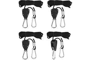 LALAGO 4 sztuki wieszaków z grzechotką, regulowane haki linowe, grzechotka 2 m, 1/8 cala, linka z grzechotką do wentylatorów roślin, oświetlenia, roślin pokojowych