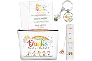 GLUCKGESCHENK 5er Set Erzieherin Geschenk, mit Regenbögen Kosmetiktasche Schlüsselanhänger Lesezeichen Glückwunschkarte, Abschiedsgeschenk Erzieherin