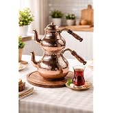 DMT Copper El Yapımı Bakır &Ccedil;aydanlık Seti, Geleneksel T&uuml;rk &Ccedil;aydanlığı, Kahverengi Ahşap Saplı, 500ml &Uuml;st 900ml Alt Demlik, 4 
