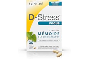 D-STRESS FOCUS 30 comprimés | L-Tyrosine, Ginkgo biloba et Vitamine C | Stimule la mémoire et la concentration | Vegan, Sans Gluten, Sans Soja, Sans OGM | Origine France | Laboratoire SYNERGIA