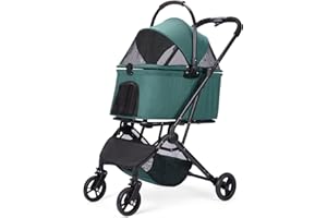 AESRAOU 2 IN1 Dog Strollers with Removable Carrying Basket, Foldable Puppy Carts with 4 Fast Wheels, Minimalist Pets Stroller with Storage Bag for Medium Small Dogs Cats Outdoor Travel (Dark Green)