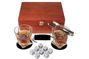Bestyks Whiskey Glasses Set With 8 Whiskey Stones, 2 Whisky Glasses, Tongs in Handmade Wooden Box - Whiskey Gifts Set - Whiskey Accessories Set - Creative Birthday Gift for Dad, Husband, Men,Boyfriend