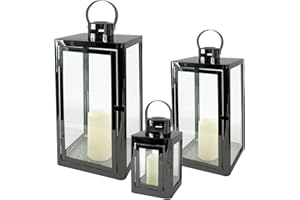 Mojawo Set di 3 lanterne da giardino in acciaio inox effetto platino, altezza 22/32/46 cm, design elegante