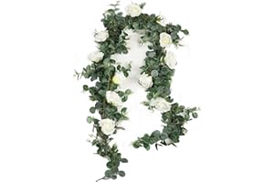 Famibay Guirnalda Eucalipto Artificial con Flores de Rosas Plantas Colgantes Eucalipto Hojas Plantas para Mesa Boda Arco Telón de Fondo decoración de Pared