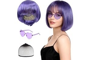 FUIPVGI Juego de Peluca y Gafas de Sol de Color Morado, Pelucas Sintéticas Rectas Cortas con Flequillo, Gafas de Sol y Gorro de Peluca para Mujeres y Niñas Carnaval Halloween Cosplay (Púrpura)