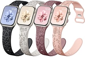 Upeak Grawerowane paski kompatybilne z zegarkiem Apple Watch 40 mm, 41 mm, 38 mm, damski, miękki silikon, urocze kwiaty, panterka, sportowy pasek do iWatch Ultra, SE Series 9, 8, 7, 6, 5, 3, 2, zestaw