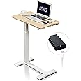 kowo Electric Standing Desk on Wheels with Rechargeable Battery, Small Laptop Table for Bed & Sofa, 70 * 40cm, Overbed Table Height Adjustable Sit Stand Stand Up Desk, Home Office & Bedroom Desk, Oak