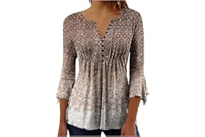 SUSENSTONE Chemisier Femme Chic et Élégant Manches 3/4 Tshirt Imprimé Plissé Henley Tshirt Col V Blouse Mousseline de Soie Boheme Haut Manche Courte Tunique Été Plage Travail Tunique Top