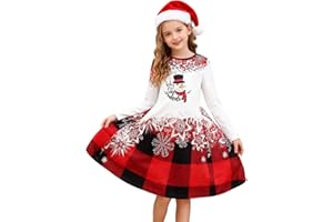 Xumplo Girls Christmas Dress Tween Girls Long Sleeve Xmas Dresses Kid Santa Claus Snowflake Print Twirl Dress Red