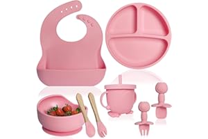 Bluet B Baby - Vajilla Bebe Silicona - Plato Bebe Ventosa - Vajilla Infantil Antideslizante sin BPA - Set Silicona Platos Bebe - Cubiertos Bebe BLW - 8 piezas - Rosa