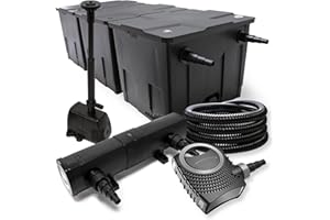 Wiltec Kit complet: CBF-350C Filtre de bassin jusqu'à 90000 L, NEO10000 pompe de filtration 10000l/h 80W, CUV-218 lampe uv 18W, 25m Tuyau 25 mm, HJ-943 fontaine 800l/h 16W
