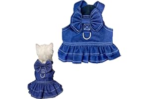 Ling & Bai Dog Harness Dresses Summer Dogs Denim Outfit with D Ring Cat Girl Princess Skirt Pet Bow Clothes (L)