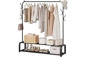 ACCSTORE Garment Rack Drying Rack Freestanding Hanger Bedroom Clothing Rack With 2-Tier Lower Storage Shelf And Side Hooks,Black