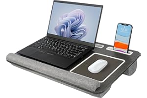 Semiocthome Laptop Lap Tray Desk with Pillow Cushion, Lapboard with Built-in Mouse Pad, Wrist Rest, Phone and Tablet Slot, Fit up to 17" Laptops, Portable Laptop Table for Sofa, Bed, Office - Grey