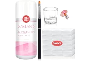 Saviland Kit Slip Solution pour Polygel, 120 ml Polygel Liquide de Nettoyage avec Pinceau à Ongles, Godet Dappen, 200 Tampons à Ongles, Solution de Glissement Kit Complet