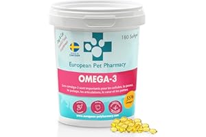 European Pet Pharmacy Huile de Poisson Oméga 3 - Huile de Poisson pour Chien et Chat - Complément Alimentaire Chien pour Articulations Chien, Soulagement des Démangeaisons et Mobilité - 180 Gélules