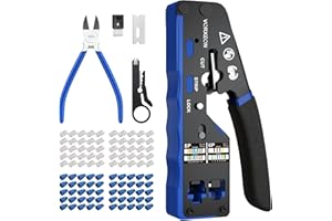 Vorxeon Pinza crimpadora RJ45 para cable de red Ethernet CAT5/CAT5E/CAT6/CAT6A/CAT7, kit de herramientas de crimpado 8P+6P con 50 piezas de conectores RJ45 Cat6, 50 piezas de cubiertas protectoras