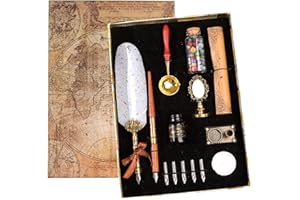 Joyeee Set penna piuma e inchiostro, con inchiostro, timbro sigillo di cera in ottone, supporto per penna, carta lettera, perline sigillo di cera, Tealight, regali di compleanno per mamma papà