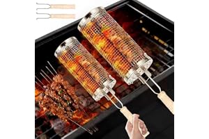 Cylindrisk grillkorg rostfritt stål 2 st. rullande grillkorg med trähandtag grilltillbehör 2 storlekar utomhus kök grilltillbehör för grönsak-grillkorgs grillad grönsaker köttspett (2 grillburar)