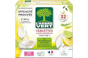 L'Arbre Vert Tablettes Lave Vaisselle Tout En 1 Citron - Ecolabel - 91% d'ingrédients d'origine naturelle - 32 Doses