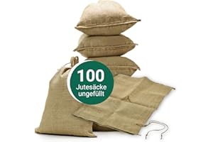 AGRI plus 100 Stück Hochwassersäcke unbefüllt I 40 x 60 cm I nachhaltige Hochwasserbarriere-Säcke aus Jute I Flutschutzsäcke mit Bindeband I stabile Sandsäcke mit Fassungsvermögen bis 20kg