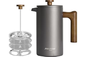 POLIVIAR 7379 Poliviar French Press JX2020-FPY-DE - Caffettiera isolata a doppia parete, con filtro a mano e manico in legno, Cliff (grigio)