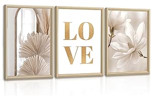 FAJERMINART 3Pcs En bois Cadre Boho Beige Blanc LOVE Magnolia Tableau Décoration Murale Salon Nordique Minimalisme Famille Impression sur Toile Peintures sur Toile Décor Murale pour Chambre Maison Bain 30x40cmx3