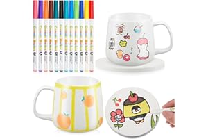 Geiserailie 2 Tazze in Ceramica Bianca per Pittura con 2 Sottobicchieri 12 Penne in Porcellana Set Artigianale di Tazze da Caffè con Manico Realizzare Regalo per San Valentine DIY(Pancia Grande)