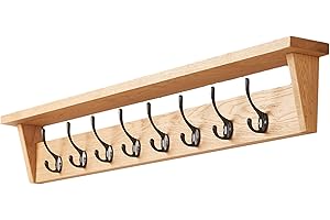 Fox and Grain Solid Oak Coat Rack (8 Hooks) | Wall Mounted Coat Hooks with Shelf for Display/Storage | Wooden Stylish & Versatile Hallway Decor | Heavy Duty Double Hooks | Handcrafted in The UK