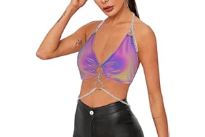 Naimo Top métallique réfléchissant Crop Top sexy licol chaîne débardeur dos nu gilet cami tenue holographique rave